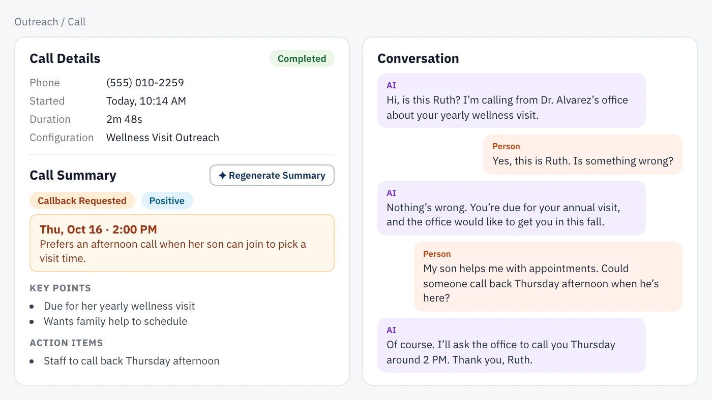 AI voice agent call summary with a callback requested outcome, the time the patient asked for, key points, action items and the conversation transcript